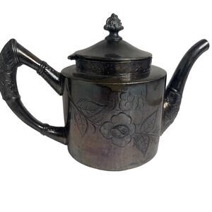 Antique C.B. Barker Teapot Floral Engraved Silverplate Victorian c1900 New York